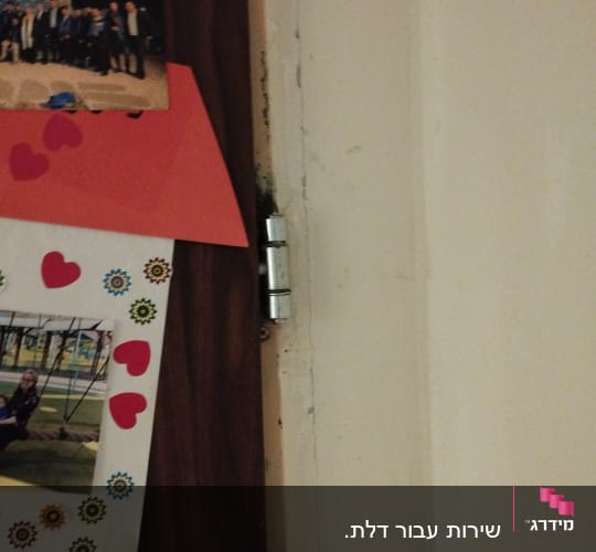 ציר דלת מתכת על דלת עץ כהה